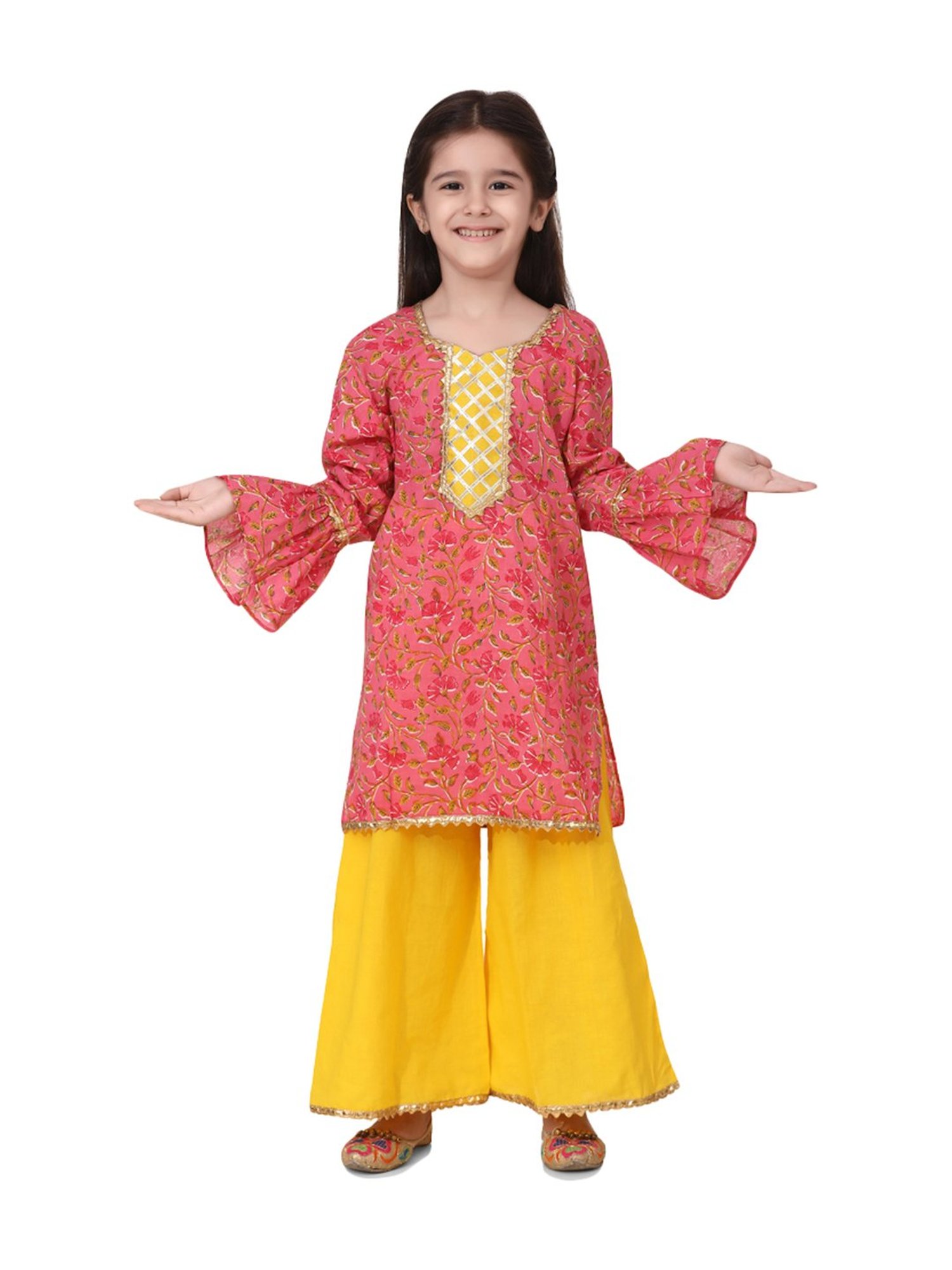 BownBee Kids Yellow & Pink Cotton Printed Kurti & Palazzos