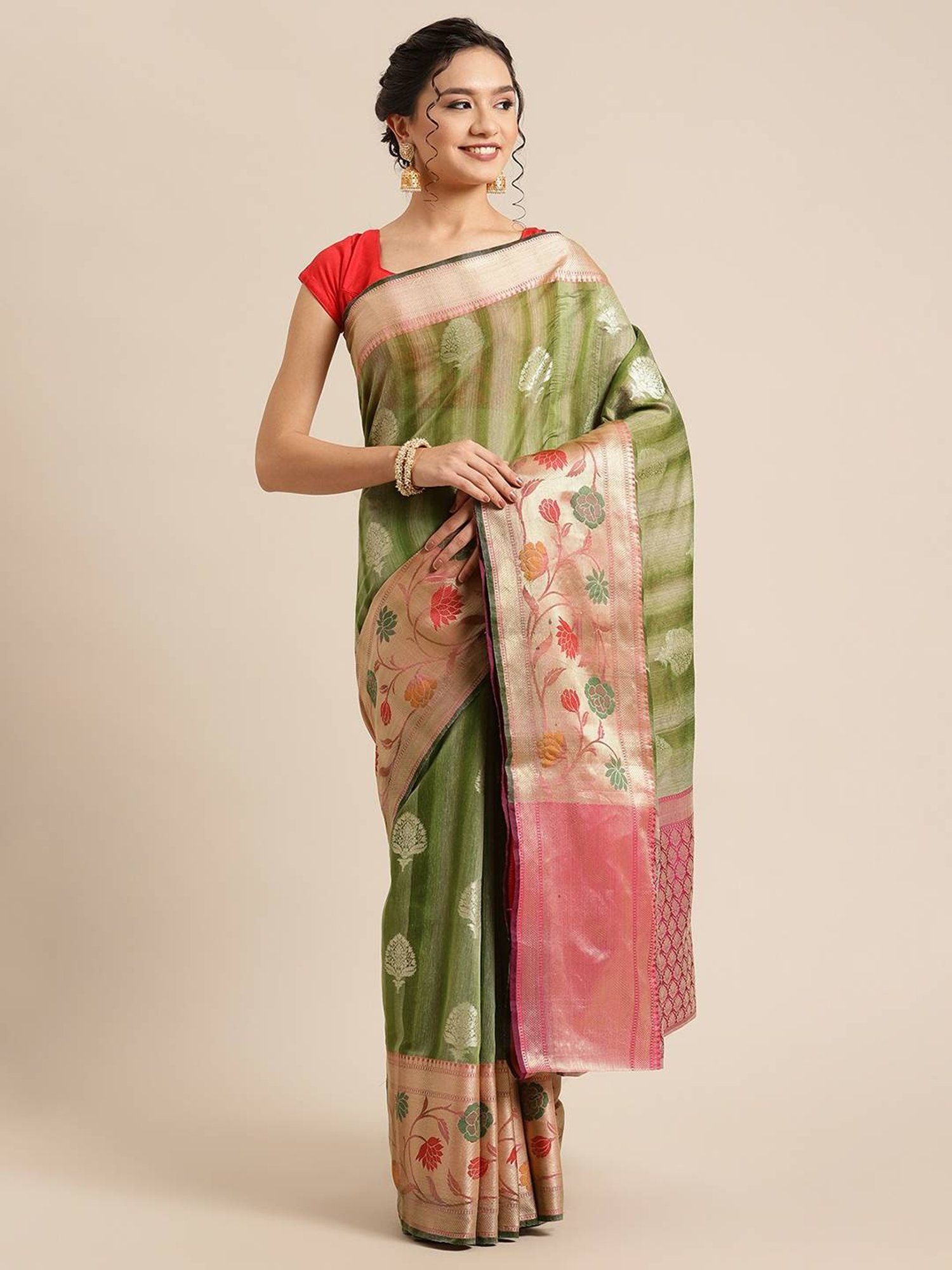 Banarasi Silk Works Green Woven Saree with Blouse