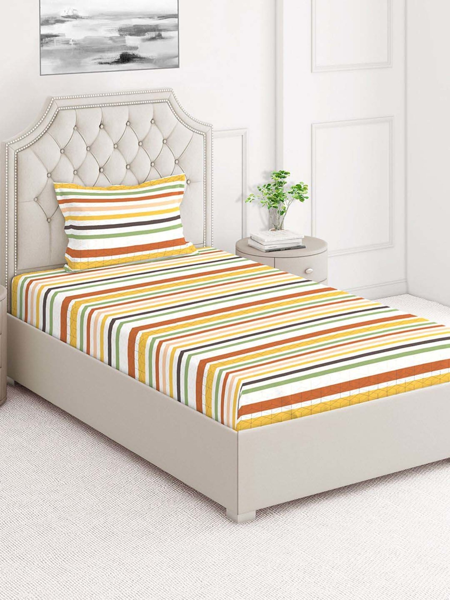 Layers Cotton Plus Multicolor Cotton Blend 120 TC Single Size Bed Sheet with Pillow Cover