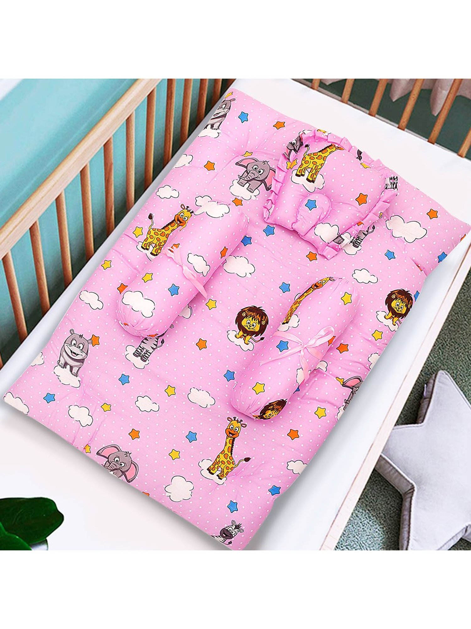 Baby Moo Flying Animals Pink Mattress Set with Neck Pillow and Bolsters