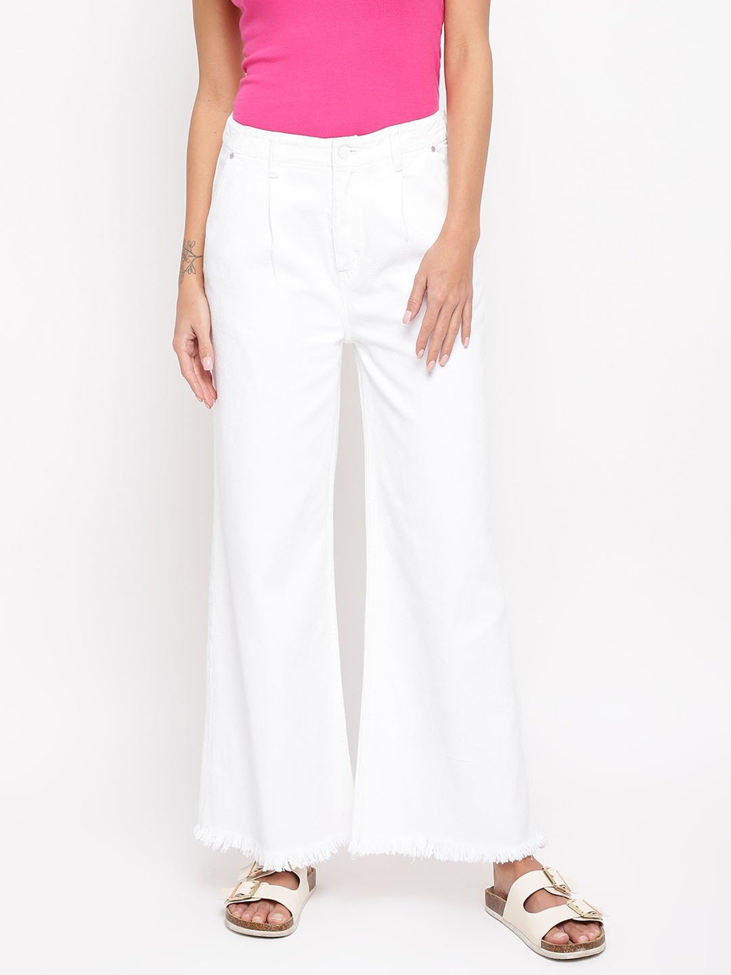 Tales & Stories White Cotton Mid Rise Wide Leg Jeans