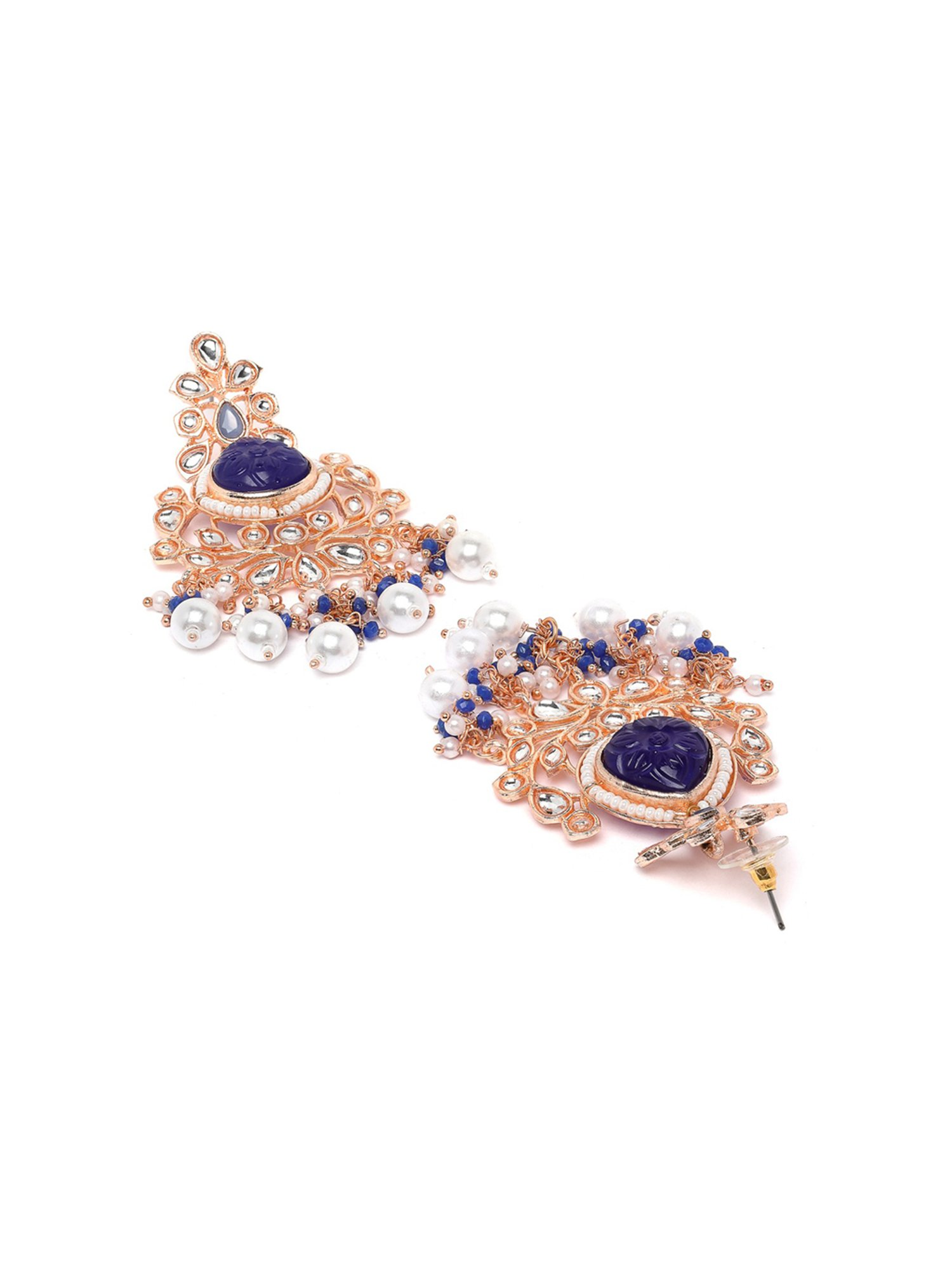 Karatcart Rose Gold Plated Blue Carved Stone Kundan Drop Earrings for Women