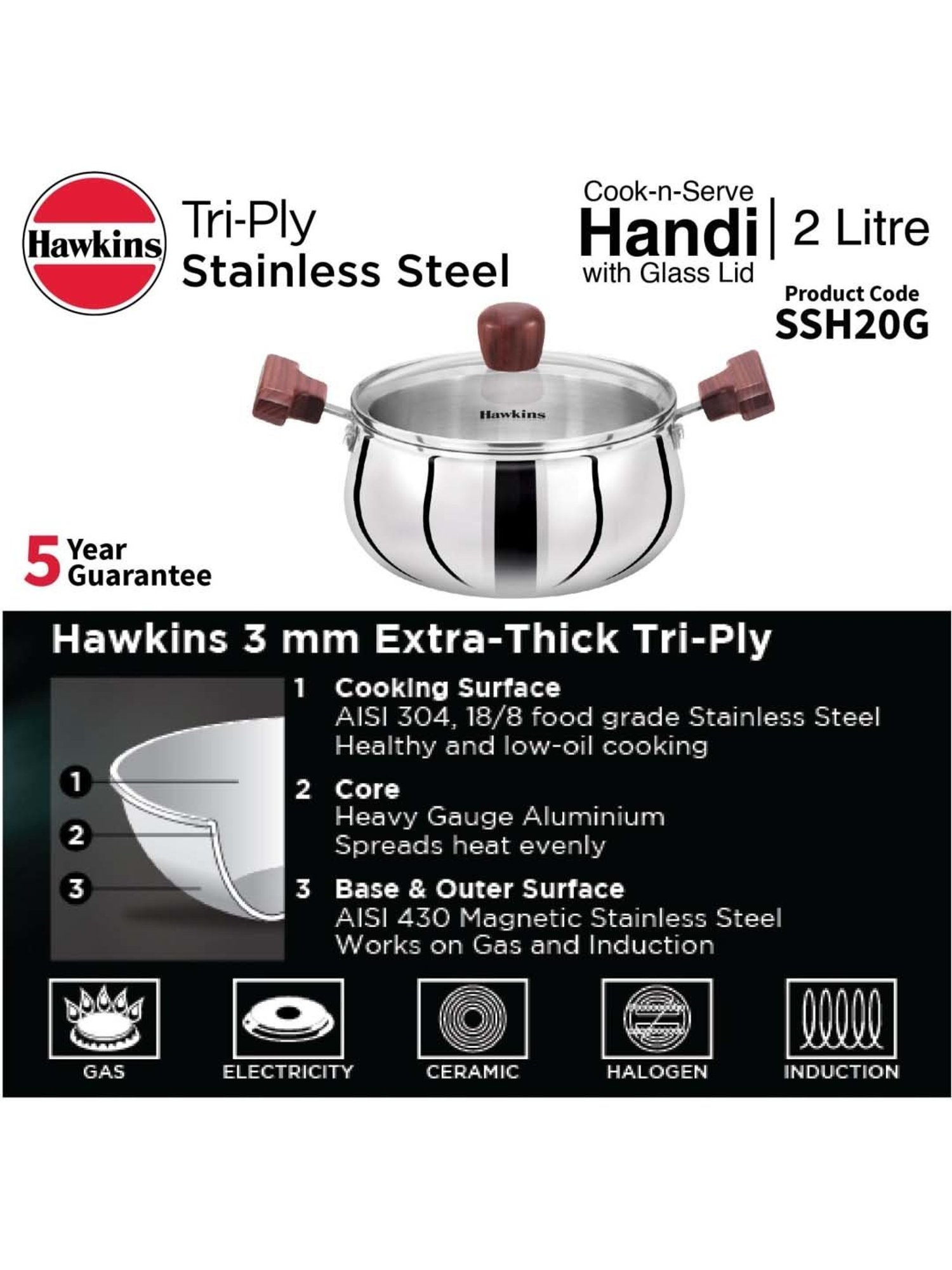 Hawkins Silver & Transparent Stainless Steel 19 cm Gas Compatible Handi With Lid (2 L) - Set of 1