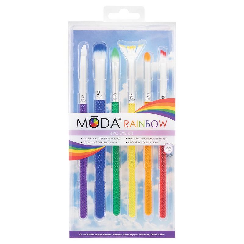 MODA Brush Rainbow 6pc Eye Makeup Brush Set, Includes - Domed Shadow, Glam Topper, Falsie Fan, and Line Brushes