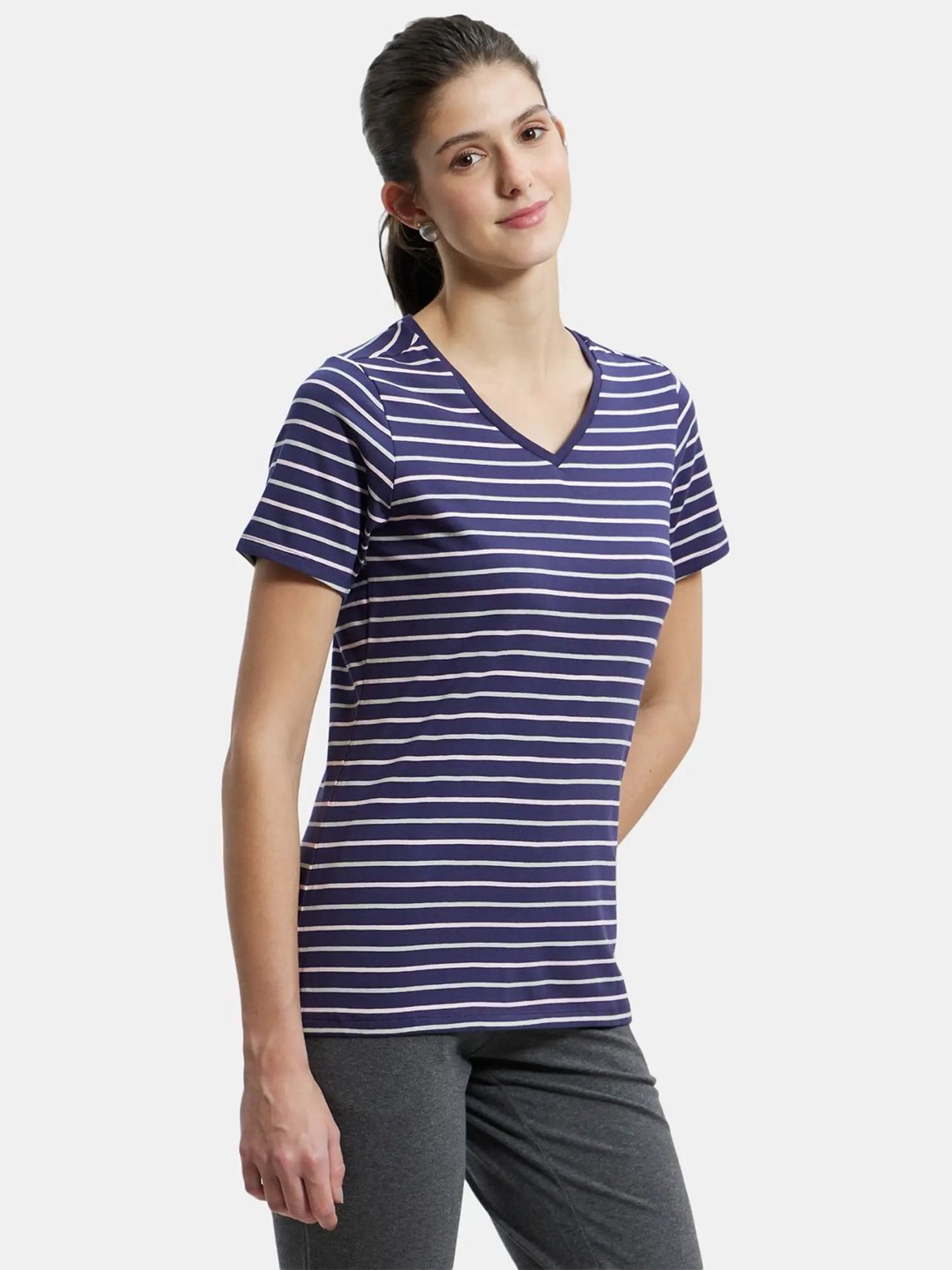 Jockey AW22 Women's Super Combed Cotton Elastane Regular Fit Striped V Neck Half Sleeve T-Shirt