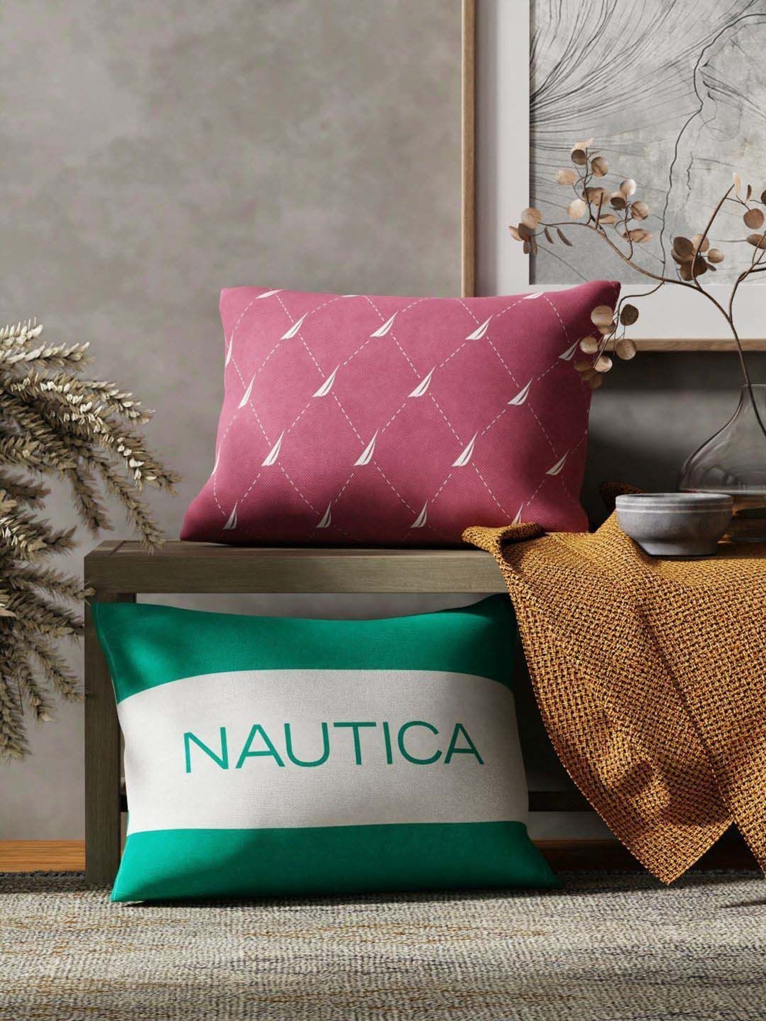 Nautica Logo Stripe Dull Pink & Mint Microfibre 300 GSM Premium Cushion Covers - Set of 2