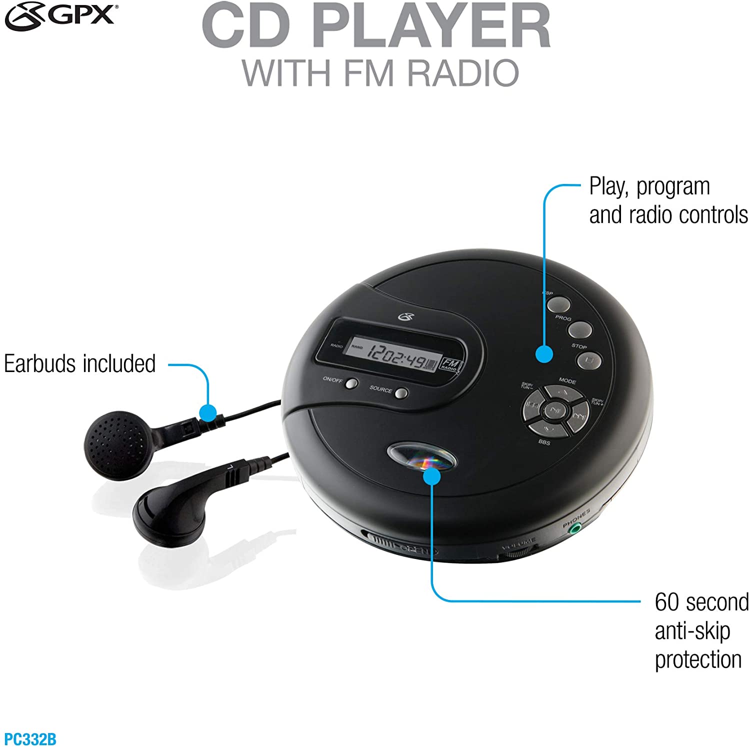 GPX Personal CD Player with Skip Protection PC332B