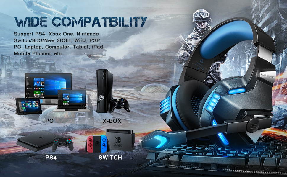 Micolindun Gaming Headset for Xbox One, PS4, PC, Over Ear Gaming Headphones with Noise Cancelling Mic LED Light, Stereo Bass Surround, Soft Memory Earmuffs for Smart Phone, Laptops, Tablet