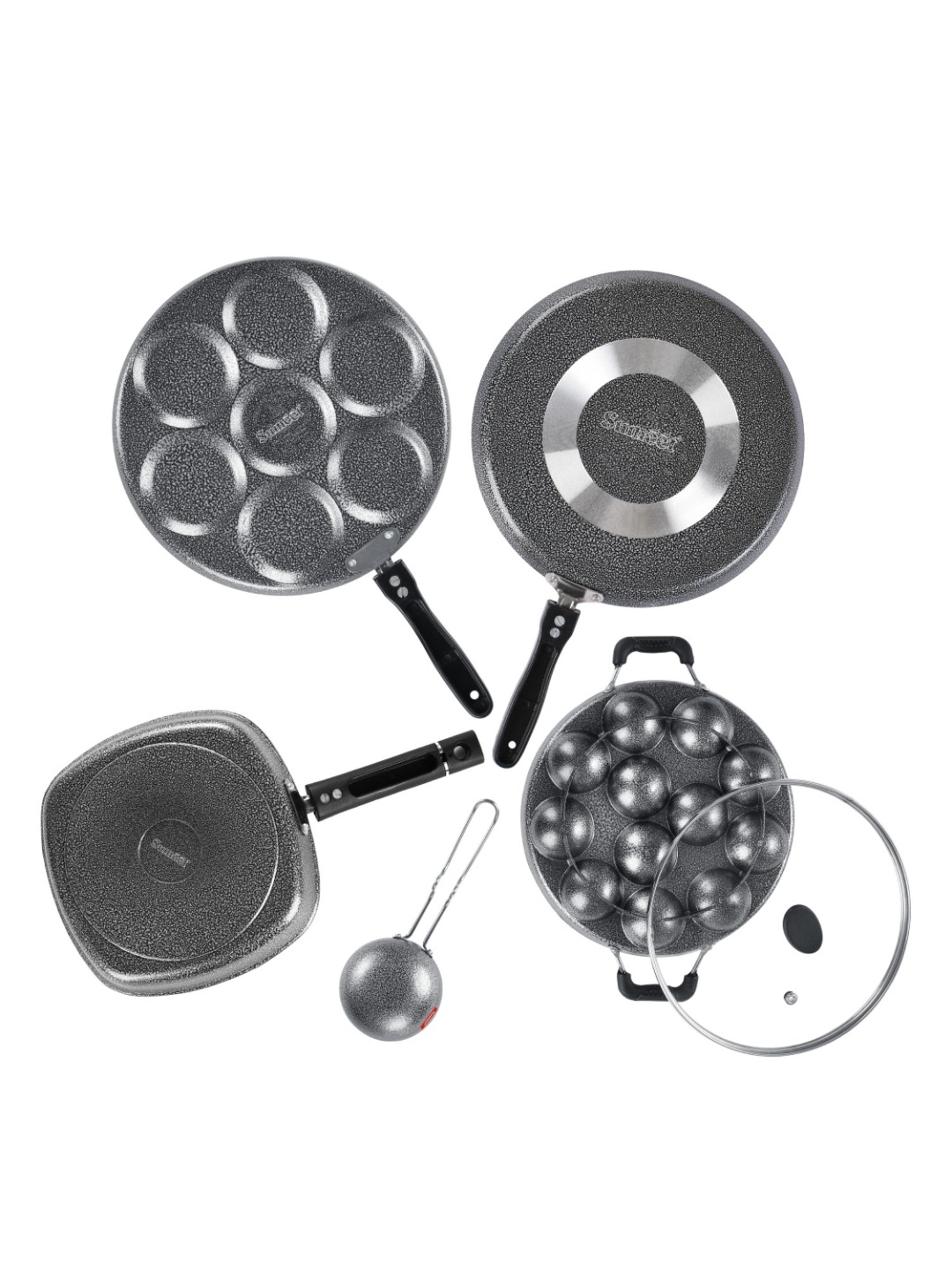 Sumeet NonStick Cookware Set (Dosa Tawa+Snack Maker+Appam Patra & Glass Lid+Grill Pan+Tadka pan)