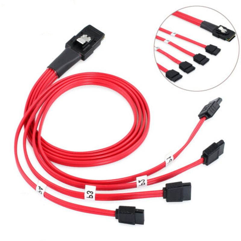 SFF8087-4SATA-0.5M 0.5 Meter 30AWG Internal Mini SAS 36pin (SFF-8087) Male w/ Latch to 4 x SATA 7pin Female Forward Breakout Cable with Nylon Braiding