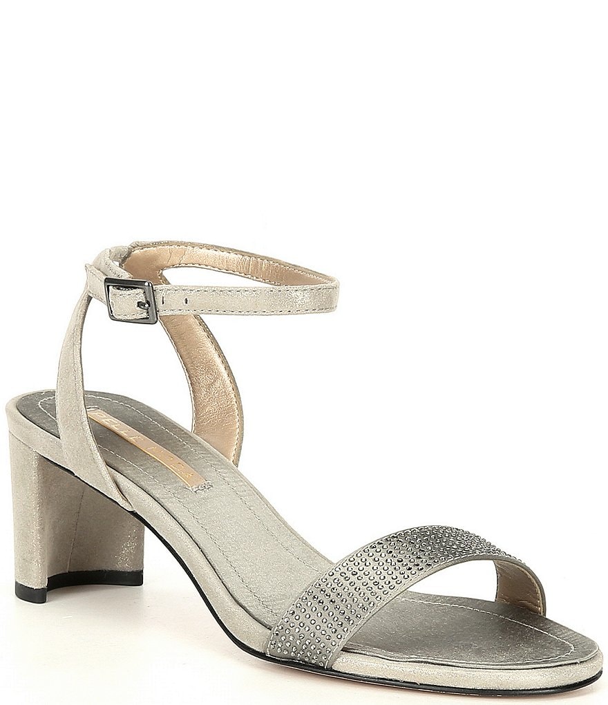 Pelle Moda Moira Metallic Suede Crystal Embellished Ankle Strap Dress Sandals