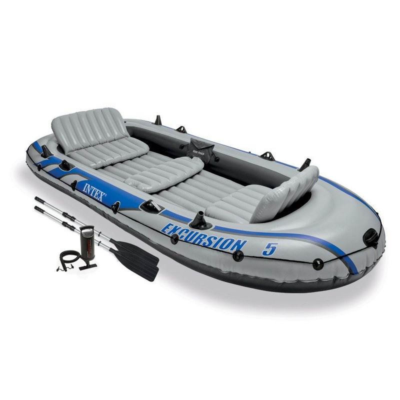 Intex Excursion 5 Person Inflatable Raft, 2 Oars and 2 Red Life Jackets, L/XL