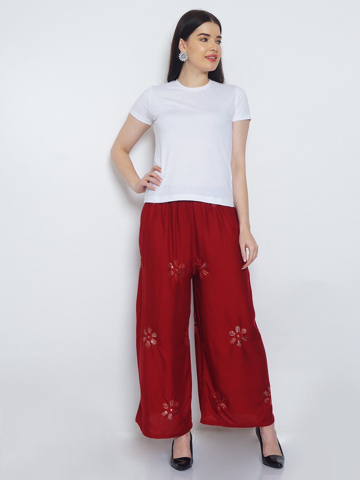 Gracit Maroon Embroidered Palazzos