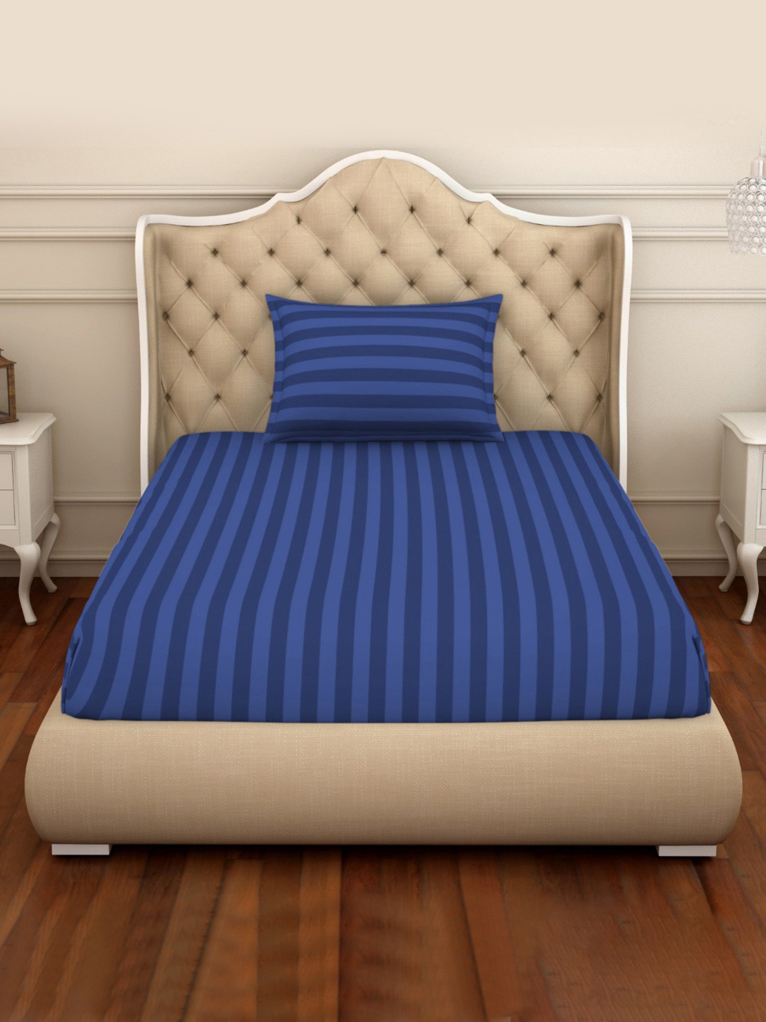 Spaces Skyrise Stripes Navy Blue 210 TC Cotton Single Bedsheet With 1 Pillow Covers