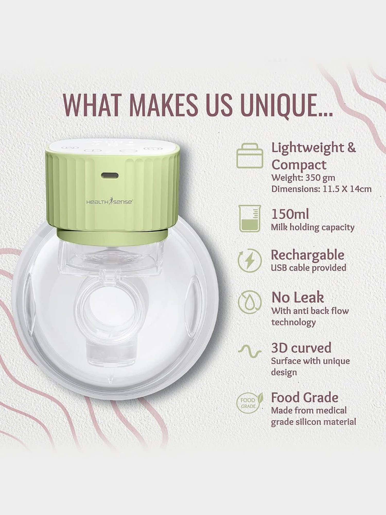 HealthSense BP 501 Wearable Electric Breast Pump with Touch Button (Green)