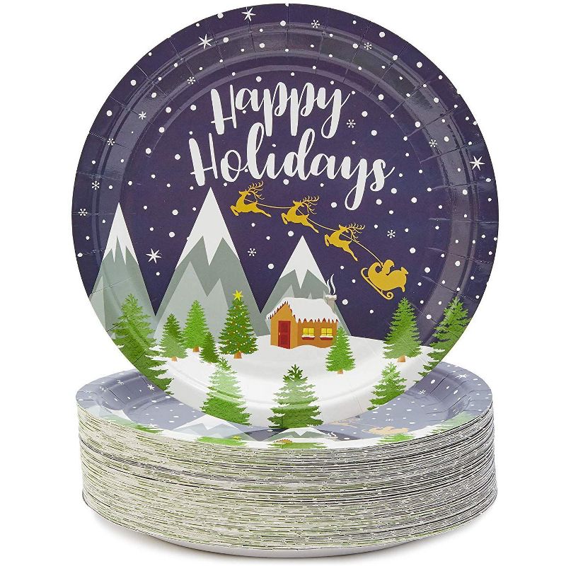 Blue Panda 80 Pack "Happy Holidays" Paper Plates, Christmas Party Supplies with Reindeer Design, 9 In