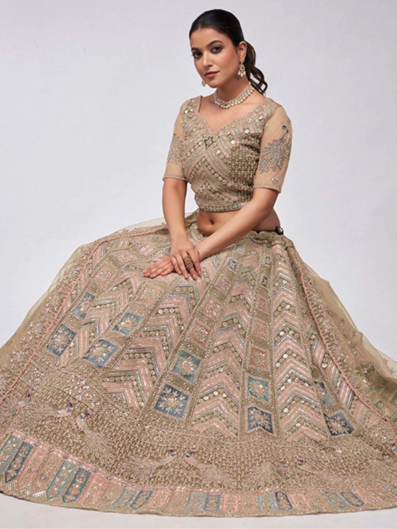 Odette Beige Embroidered Semi-Stitched Lehenga Choli Set with Dupatta