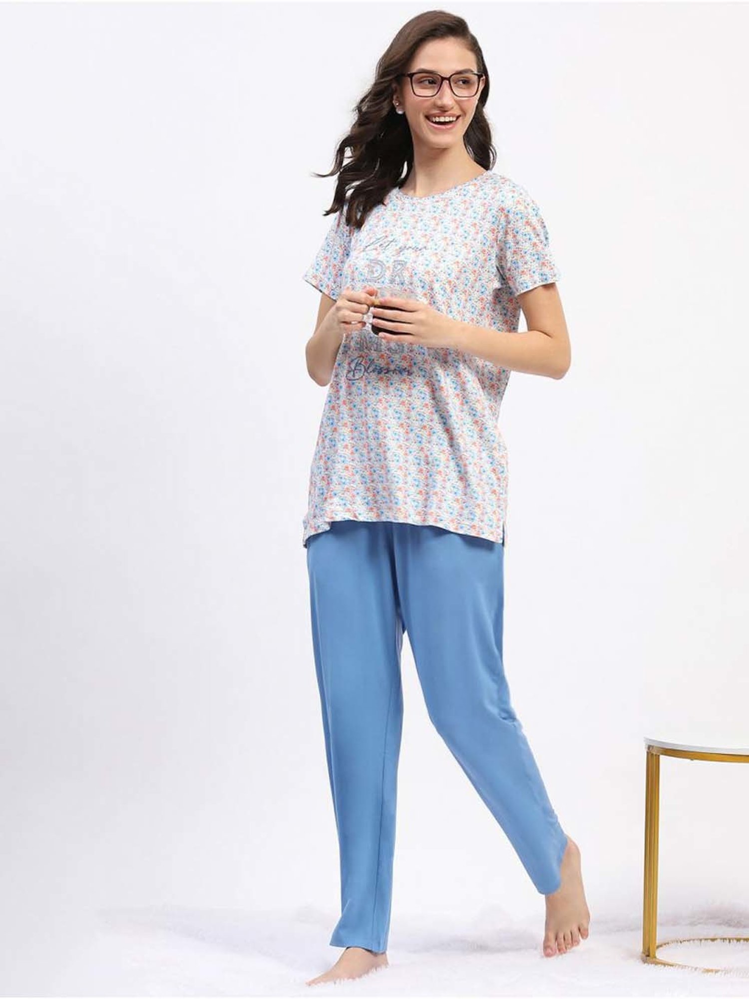 MADAME M Secret Blue Printed T-Shirt Pyjamas Set