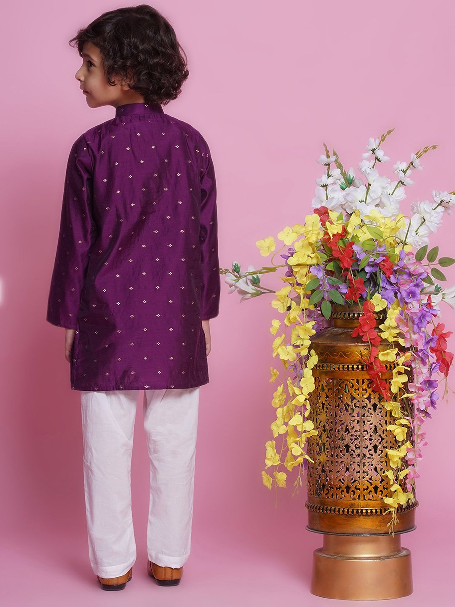 Little Bansi Boys Purple & White Self Design Full Sleeves Kurta with Pyjamas