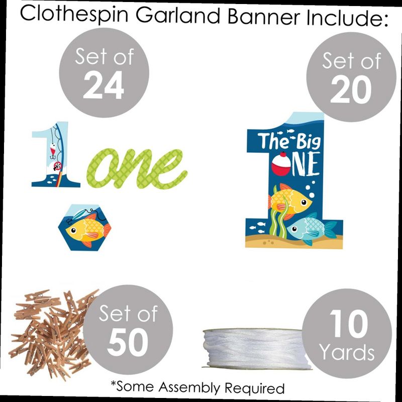 Big Dot of Happiness 1st Birthday Reeling in the Big One - Fish First Birthday Party DIY Decorations - Clothespin Garland Banner - 44 Pieces