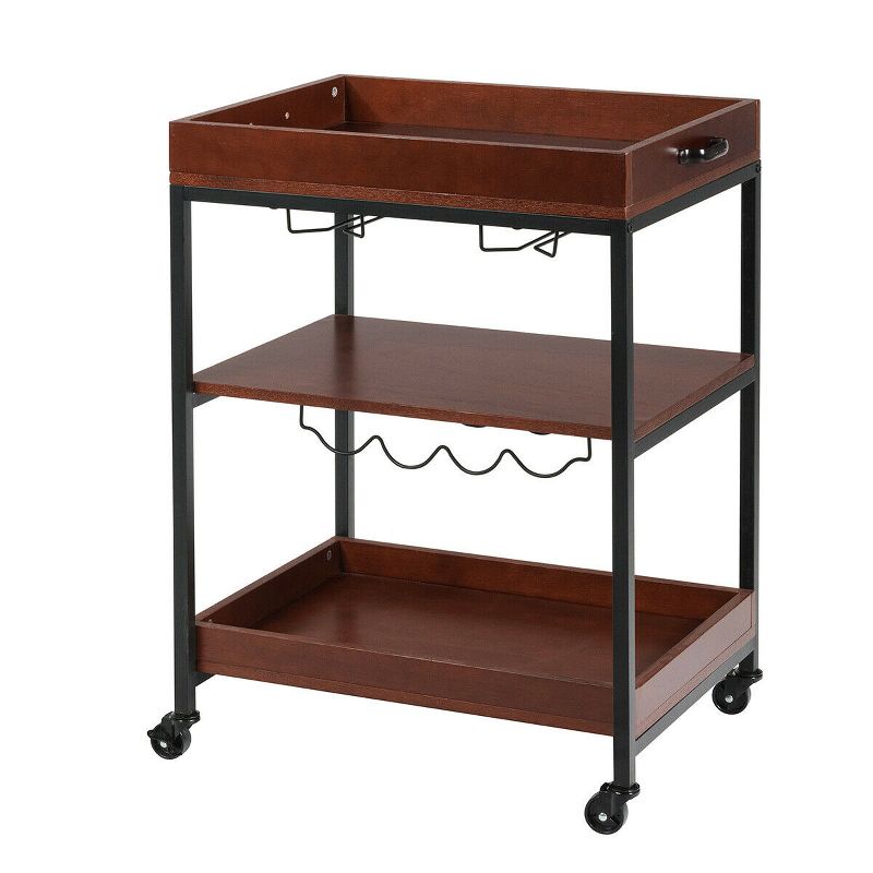 Costway 3 Tier Trolley Cart Kitchen Island Serving Bar Cart w/ Glass Holder & Wine Rack