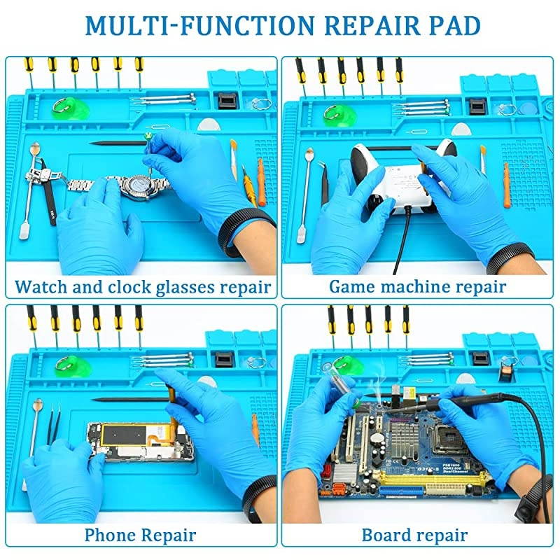Heat Insulation Silicone Repair Mat with Scale Ruler and Screw Position, Electronics Repair Pad for Soldering Iron, Repair Watch,Phone and Computer Size:17.7 x 11.8 Inches - Blue