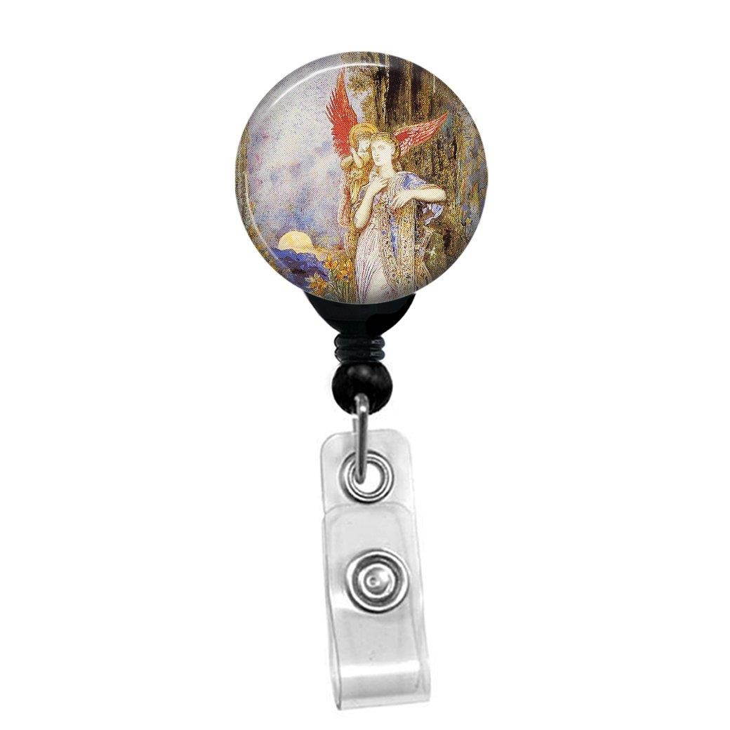 Gustave Moreau - Inspiration - Angel Providing Inspiration Retractable Badge Reel - ID Name Tag Custom Badge Holder (Black Badge Reel Belt Clip)