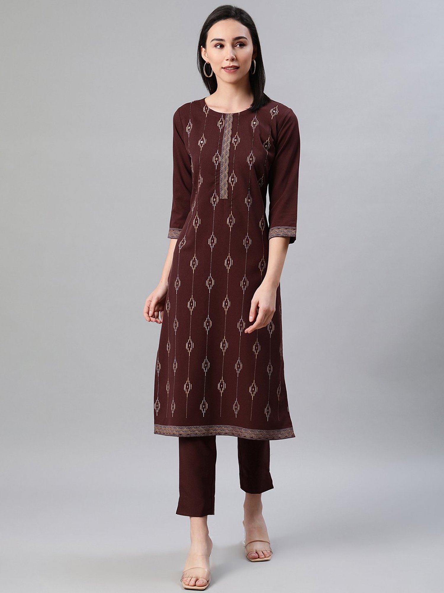 Ziyaa Brown Printed Straight Kurta