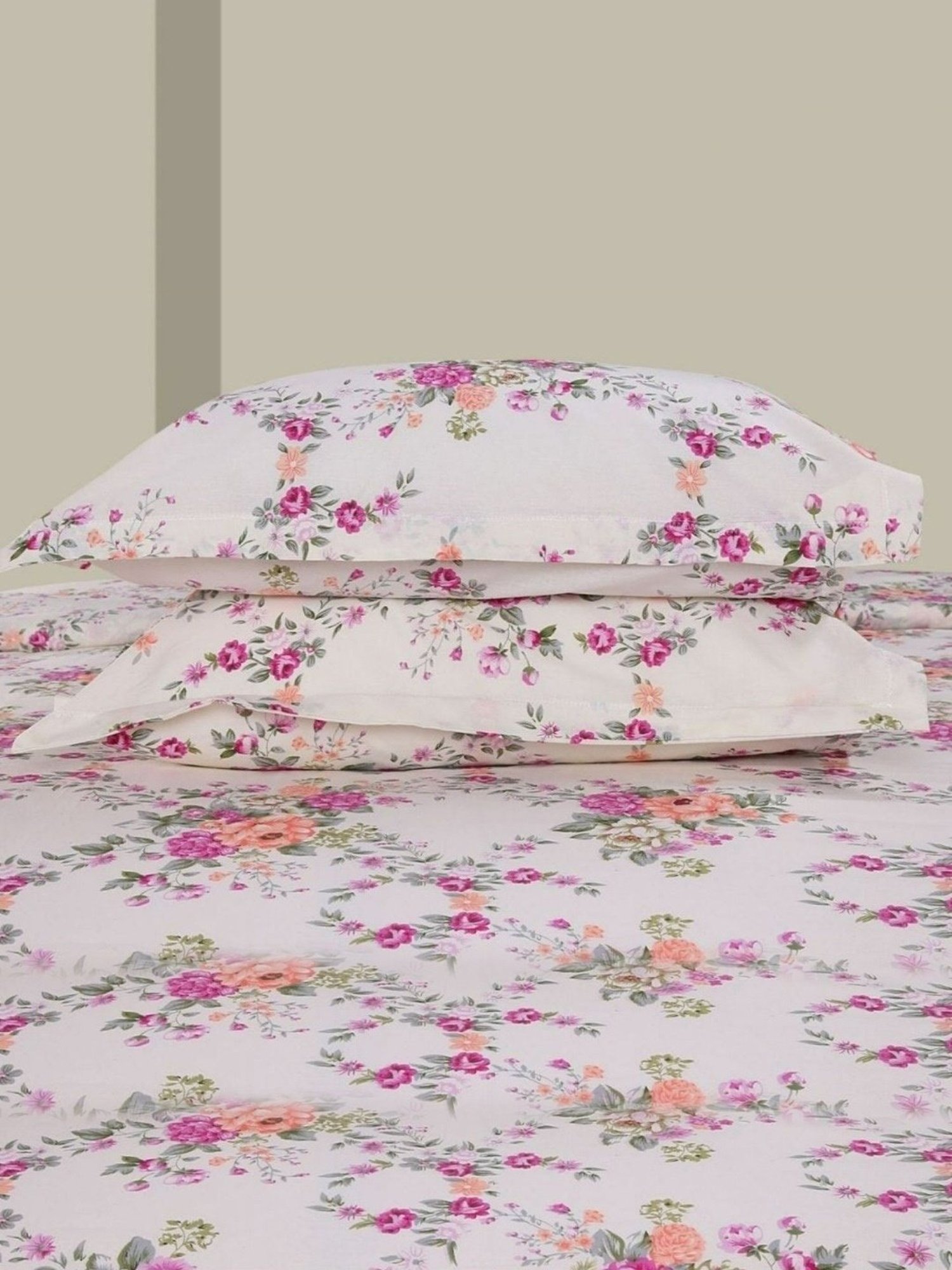 Haus & Kinder Greek Garden Romance Pink & Orange 144 TC Cotton King Bed Sheet with 2 Pillow Covers
