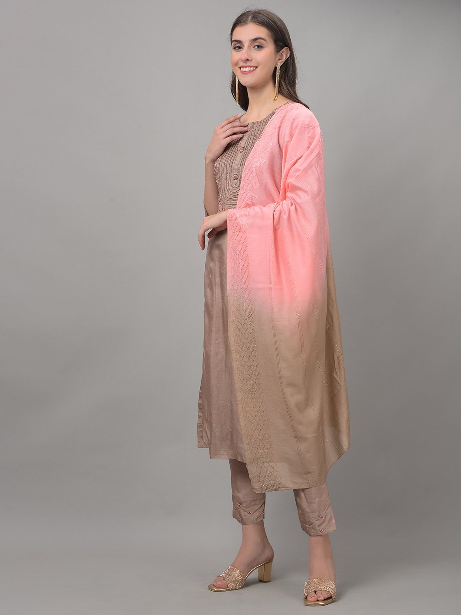 Dollar Missy Beige Embellished Kurta With Pants & Dupatta