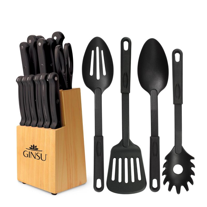 Ginsu Kiso Dishwasher Safe 18pc Knife Block Set Natural with Black Handles