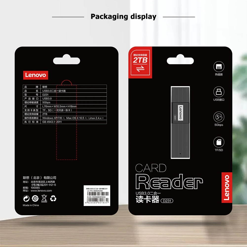 Lenovo D231 USB3.0 Memory Card Reader 5Gbps TF SD Dual Slot Memory Card Adapter Security Digital Cardreader For PC Laptop