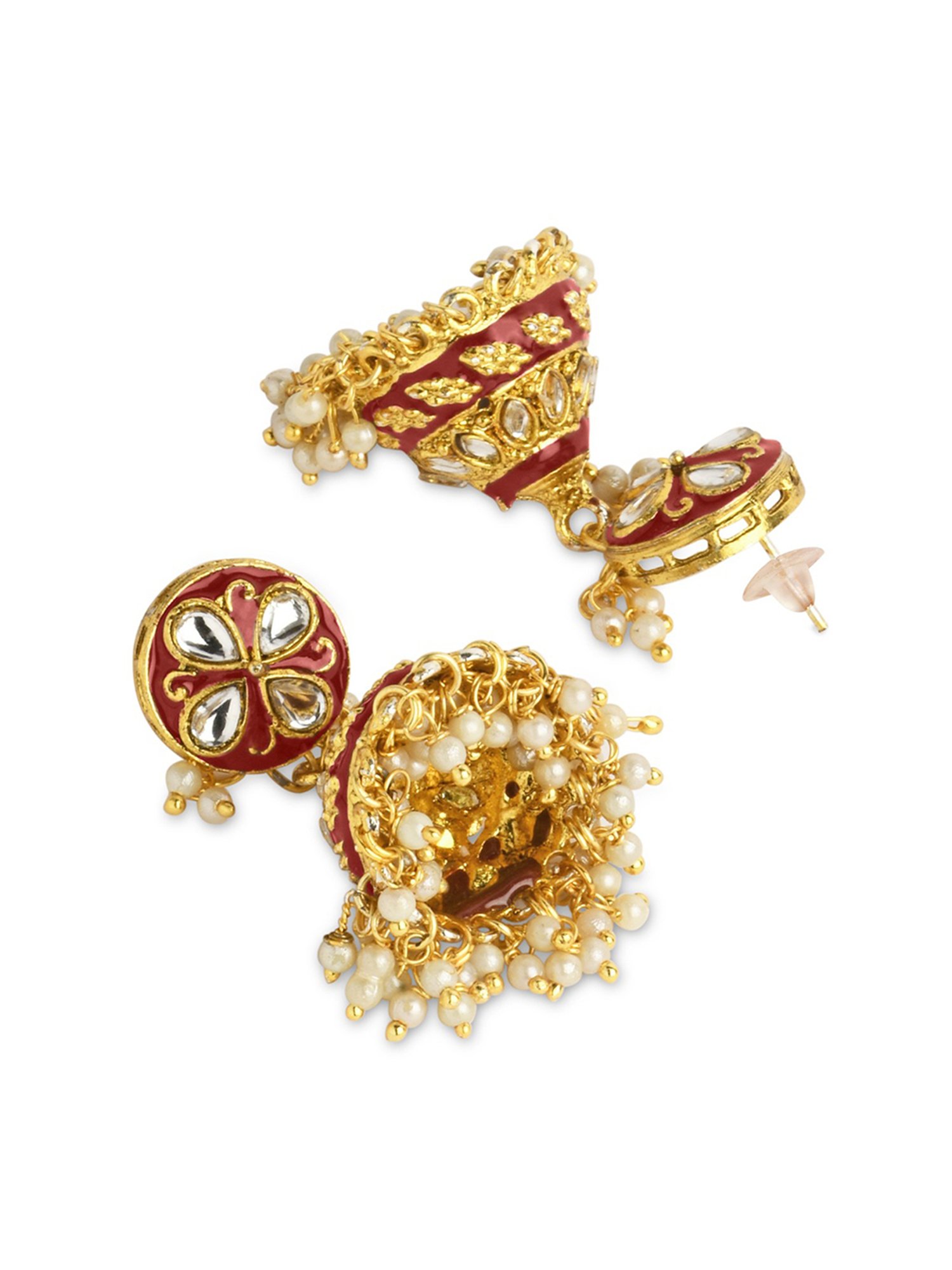 Fida Gold-Plated Maroon Enamel And Kundan Jhumki Earrings