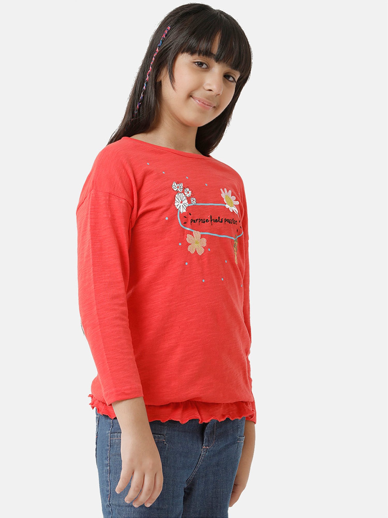 Under Fourteen Only Kids Red Embroidered Full Sleeves Top