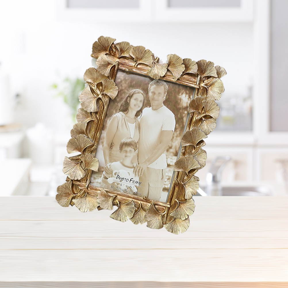 Photo Frame European Retro Resin Gold Ginkgo Leaf Photo Frame Decorative Desktop Picture Frame Study Children Room (Golden)