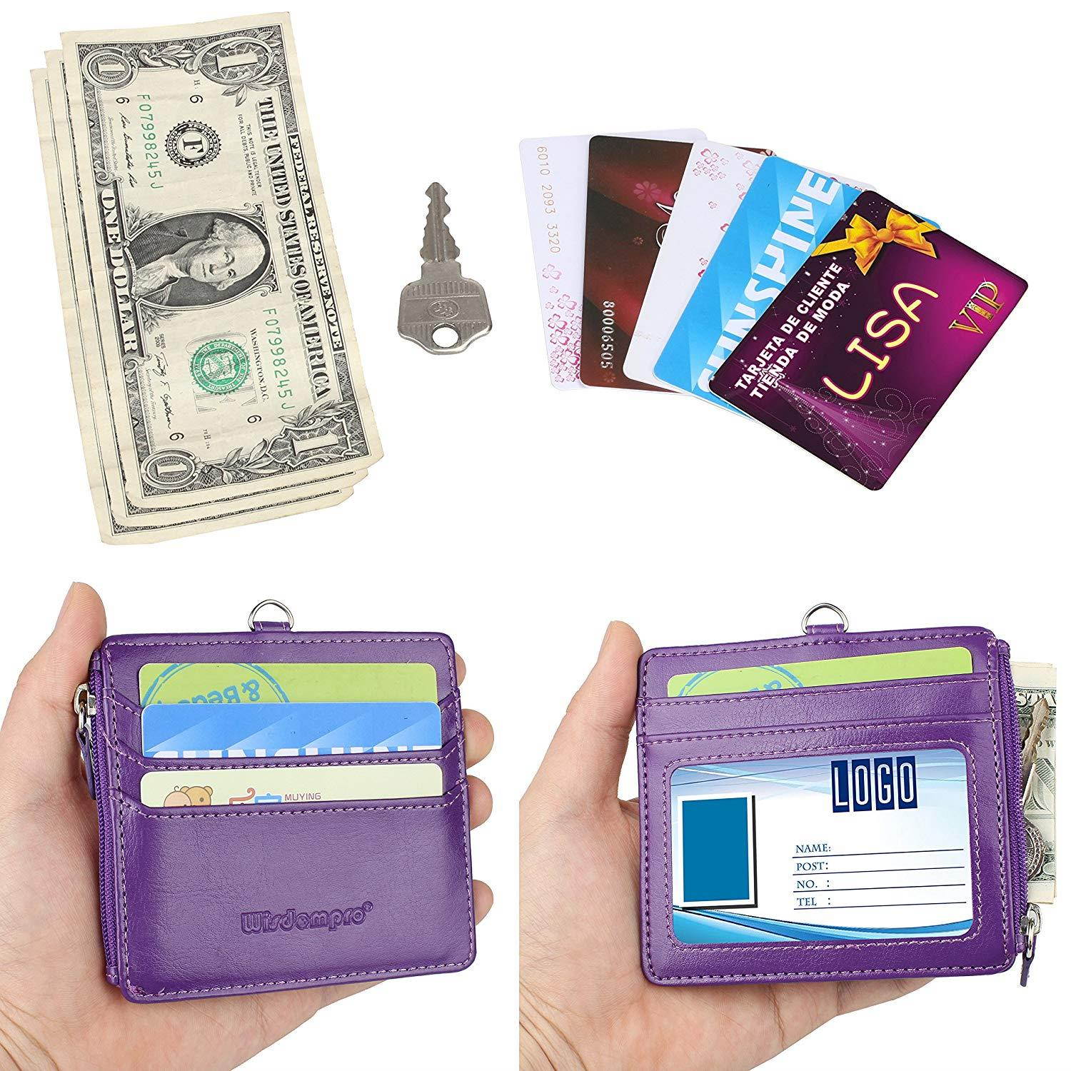 Badge Holder with Zip, Wisdompro 2-Sided PU Leather ID Badge Holder with 1 ID Window, 4 Card Slots, 1 Side Zipper Pocket and 1 piece 20" PU Neck Lanyard/Strap - Purple (Horizontal)