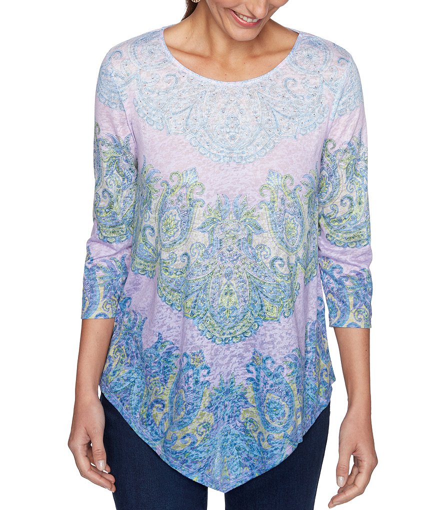 Calessa Petite Size Matte Jersey Knit Button Front Roll Tab Blouse