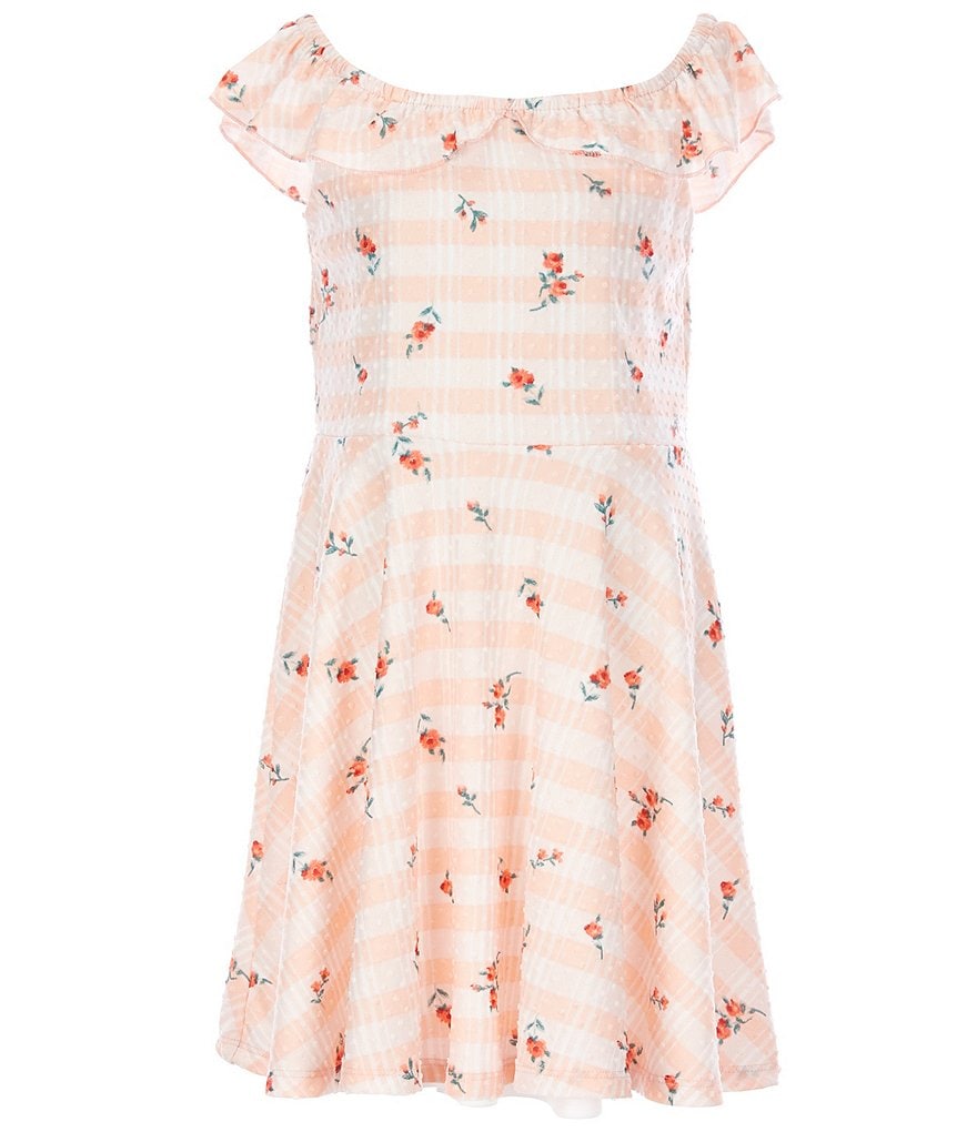 Ally B Big Girls 7-16 Flutter-Sleeve Checked/Floral Textured-Knit Fit-And-Flare Dress