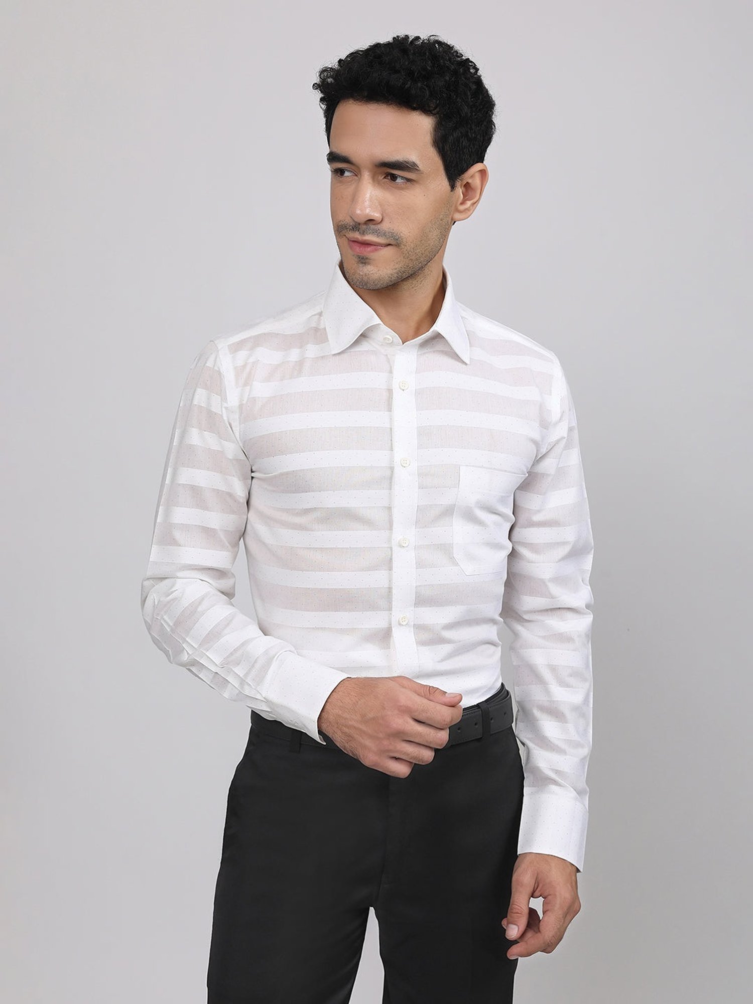 Louis Stitch White Cotton Regular Fit Striped Shirt