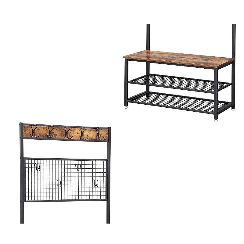 Metal Coat Rack with Wooden Bench Brown and Black - Benzara