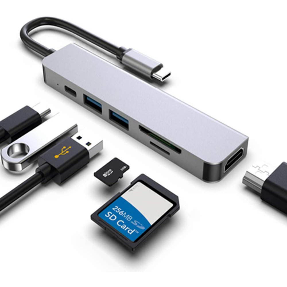 USB C Hub, 6-in-1 USB Type C Adapter with 4K HDMI Port, PD Port, 2 USB 3.0 Ports, TF/SD Card Reader for Apple MacBook Pro, iPad Pro, Surface, Chromebook and More USB C Devices