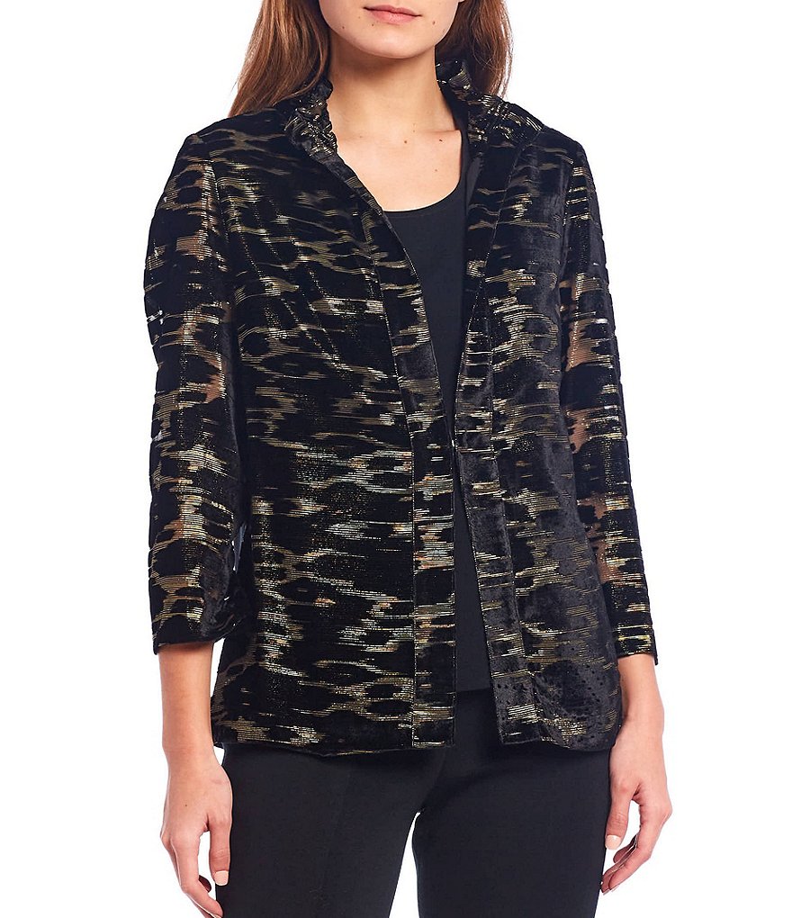 Ming Wang Sheered Stand Collar Animal Print Velvet Jacket