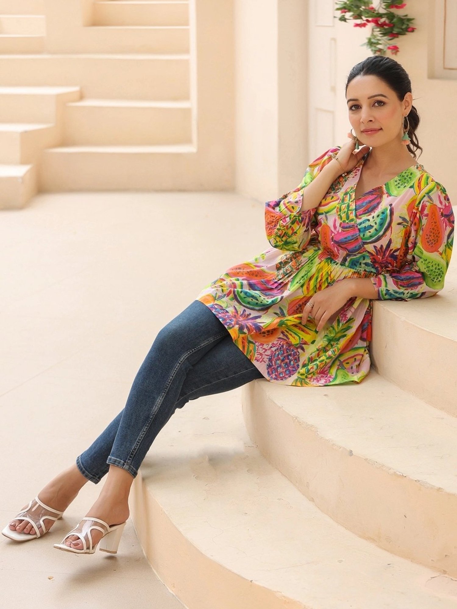 Rain and Rainbow Multicolored Cotton Printed Top