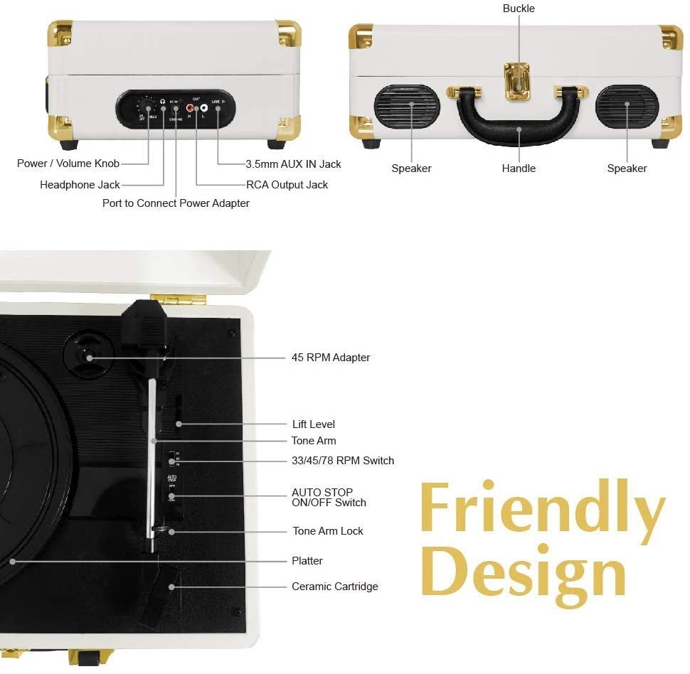 LP&No.1 Portable Suitcase Turntable with Stereo Speaker,3 Speeds Belt-Drive Vinyl Record Player Blue