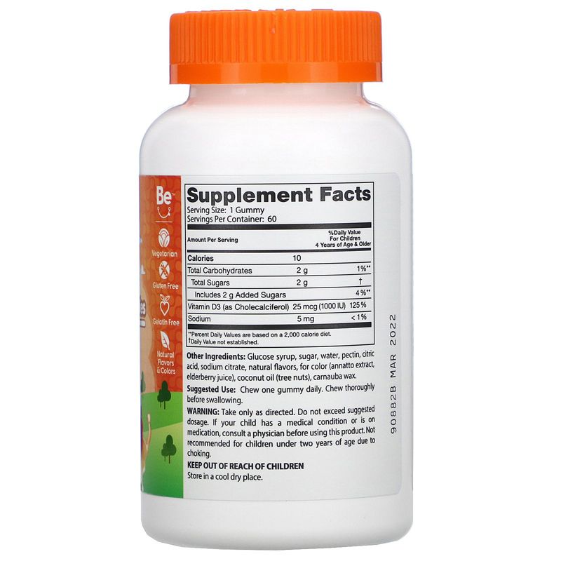 Doctor's Best Doc's Kids, Vitamin D3 Gummies, All Natural Fruit Flavors, 25 mcg (1,000 IU), 60 Natural Fruit Pectin Gummies, Vitamin D