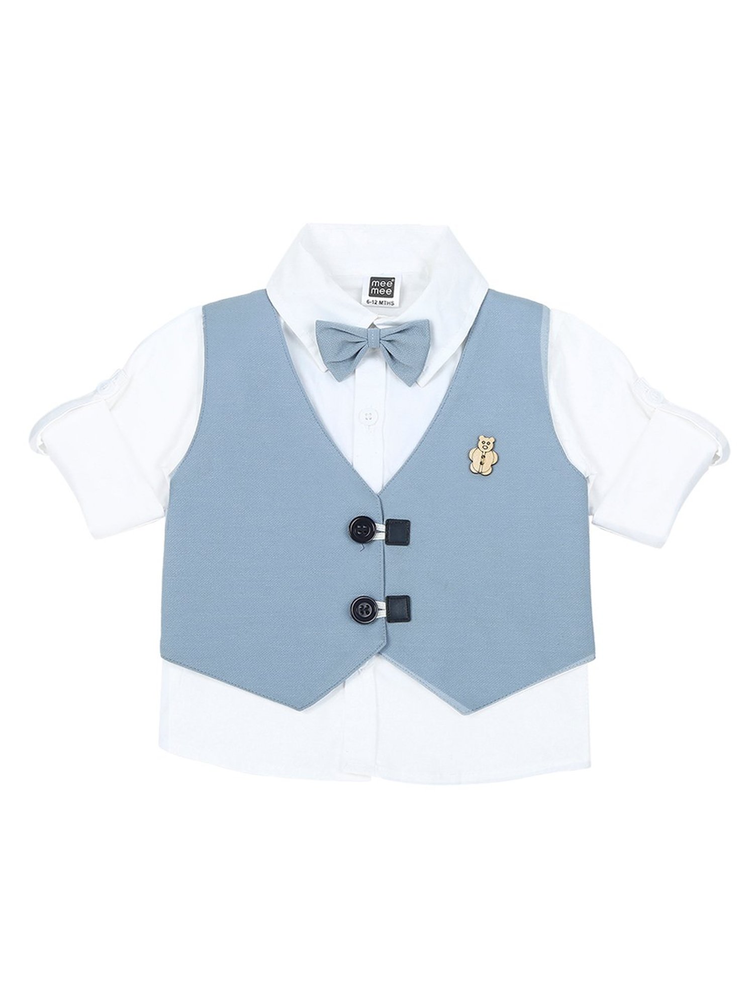 Mee Mee Kids Blue & White Solid Full Sleeves Waistcoat