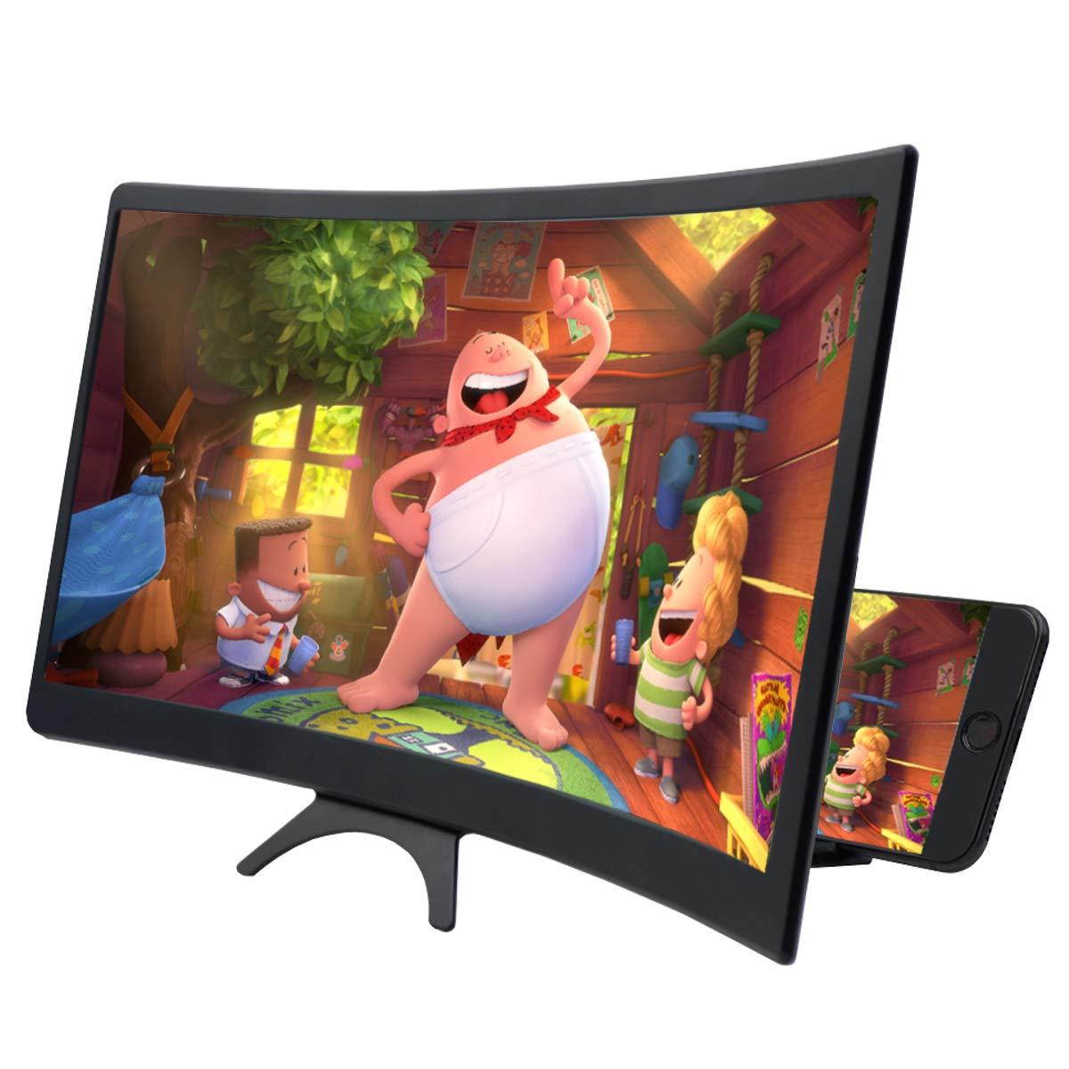 3D Curve Screen Magnifier Compatible with All Smartphones 12" HD Amplifier Projector Magnifing Screen for Movies, Videos, and Gaming Foldable Phone Stand