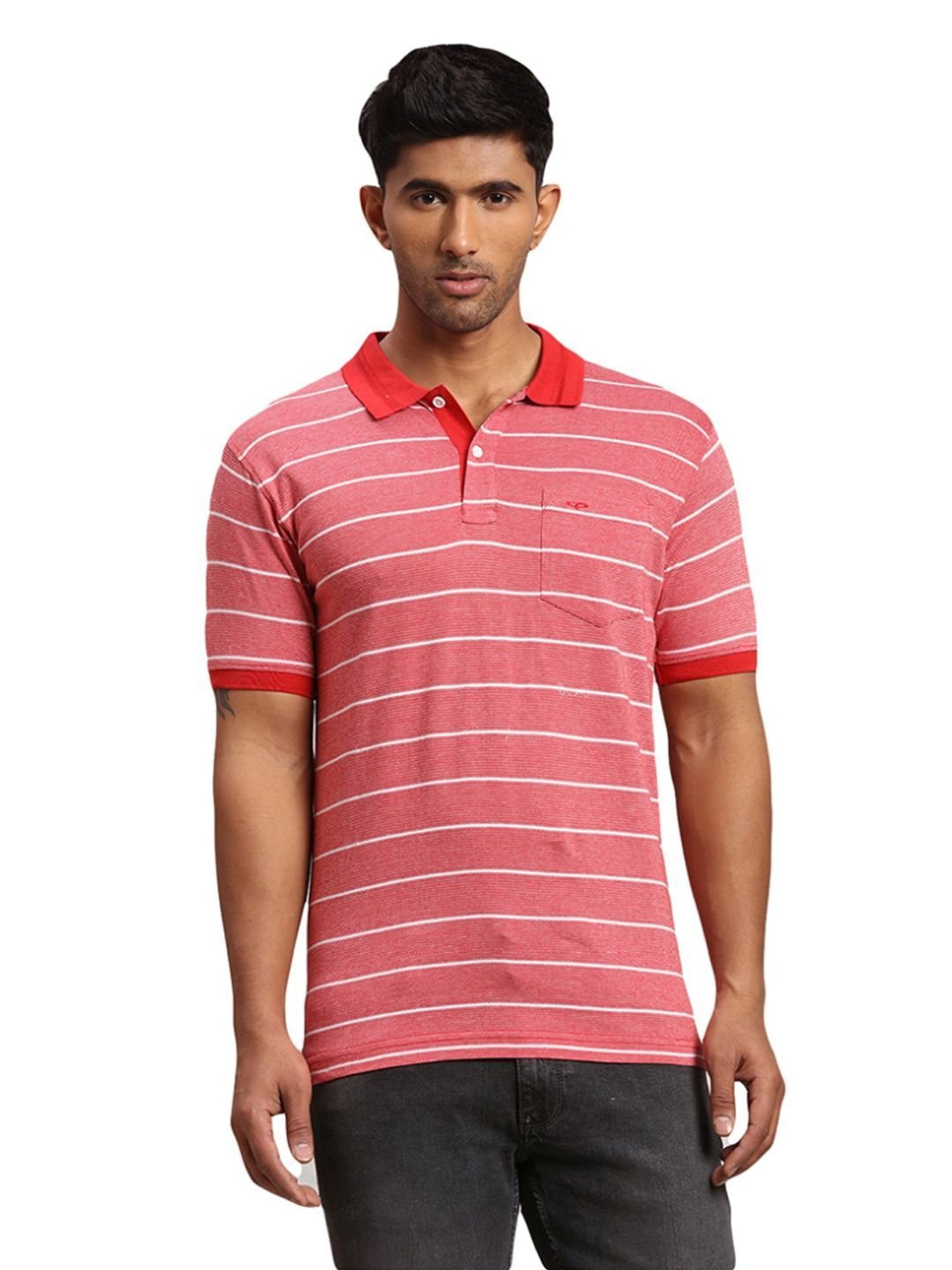 Colorplus Red Cotton Tailored Fit Striped Polo T-Shirt