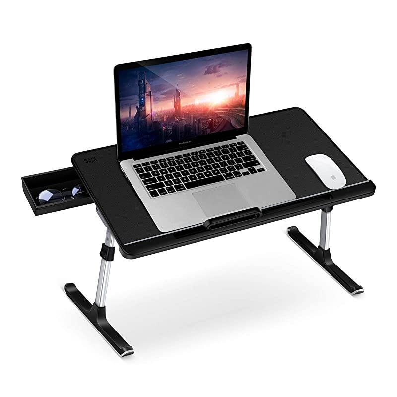 Laptop Table Stand Desk Adjustable PVC Leather Laptop Bed Table Portable Standing Desk with Storage Drawer Foldable Lap Tablet Desk for Sofa Couch Floor LargeBlack
