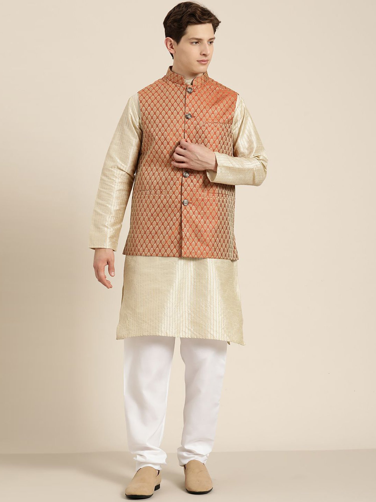 Sojanya Beige & Orange Regular Fit Self Pattern Kurta Set With Jacket